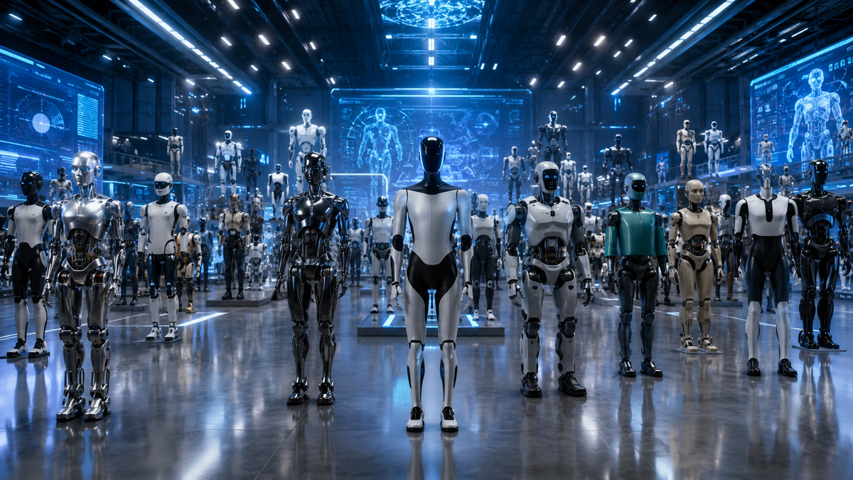 Cinematic lineup of the world’s most advanced humanoid robots in a futuristic AI research facility