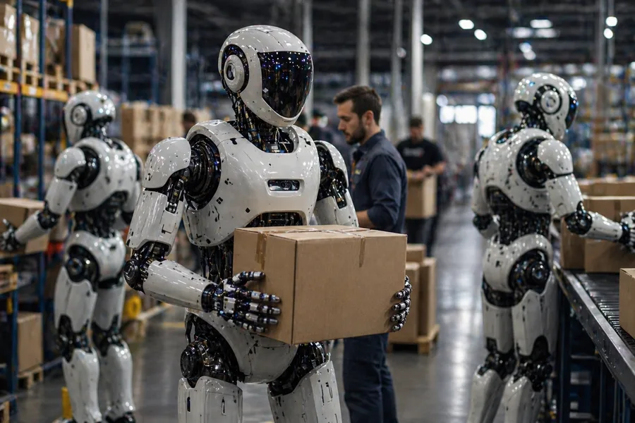 Humanoid robots working in a modern warehouse with humans