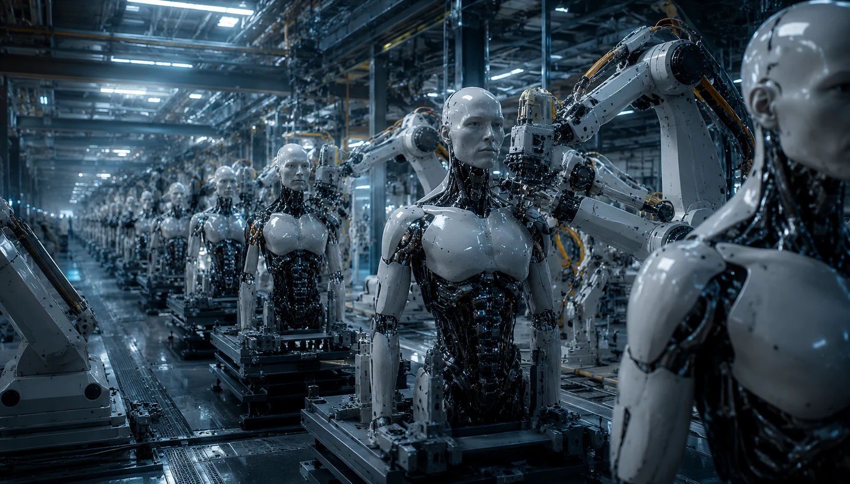 Massive futuristic factory producing humanoid robots on assembly lines