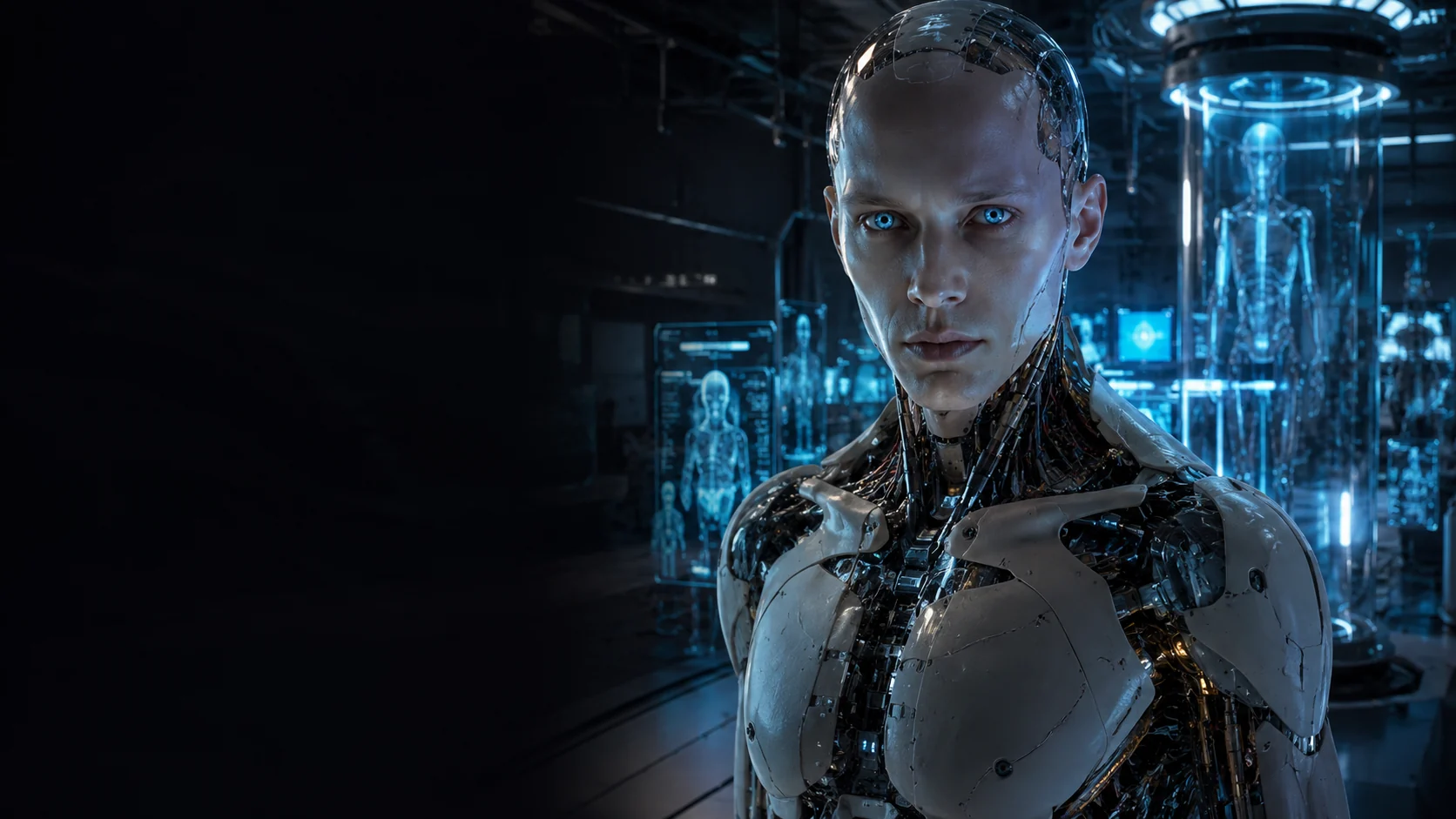 Artificial human standing in a dark robotics laboratory with glowing eyes and holograms