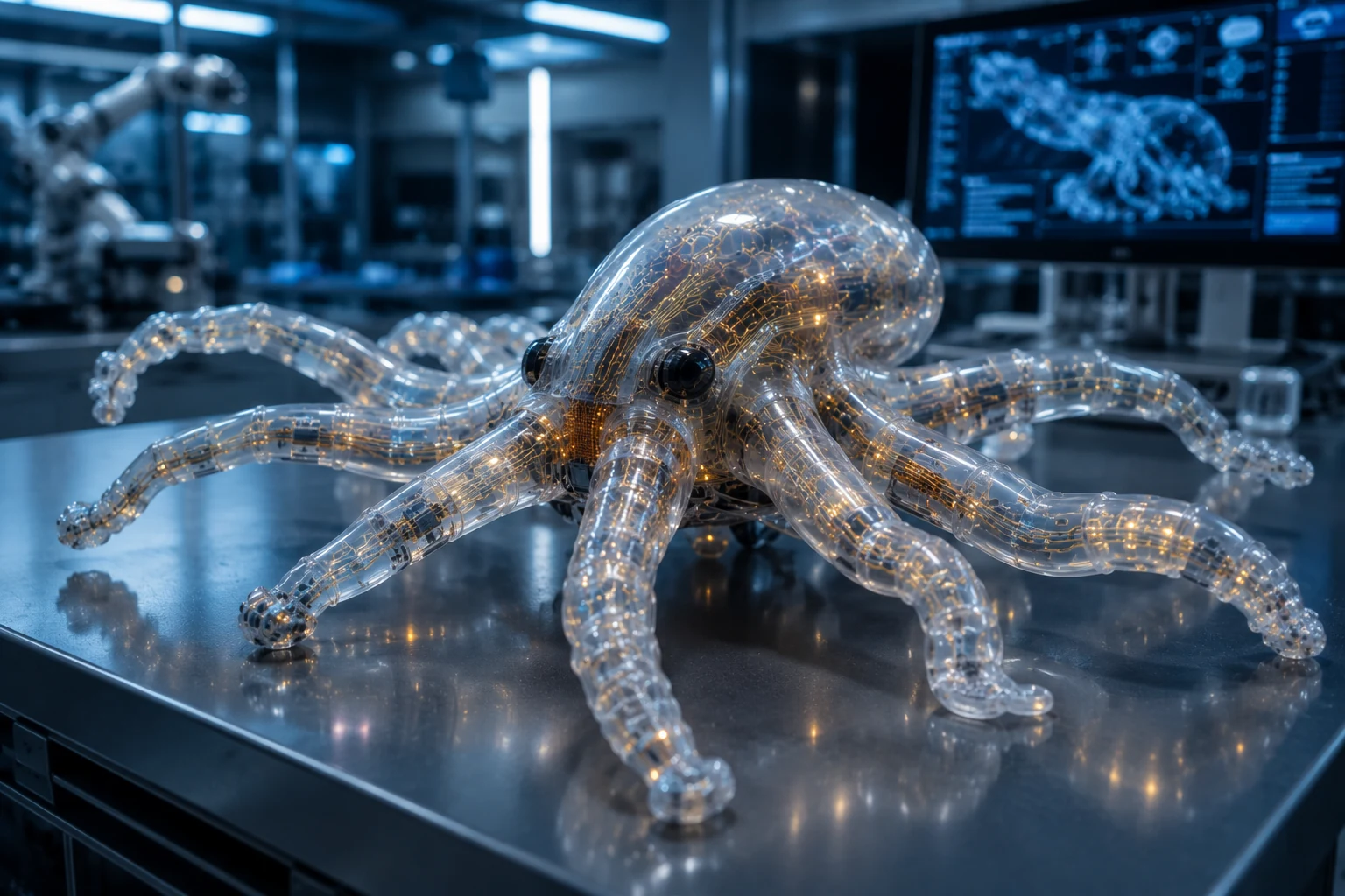 Bio inspired octopus-like soft robot on a lab surface