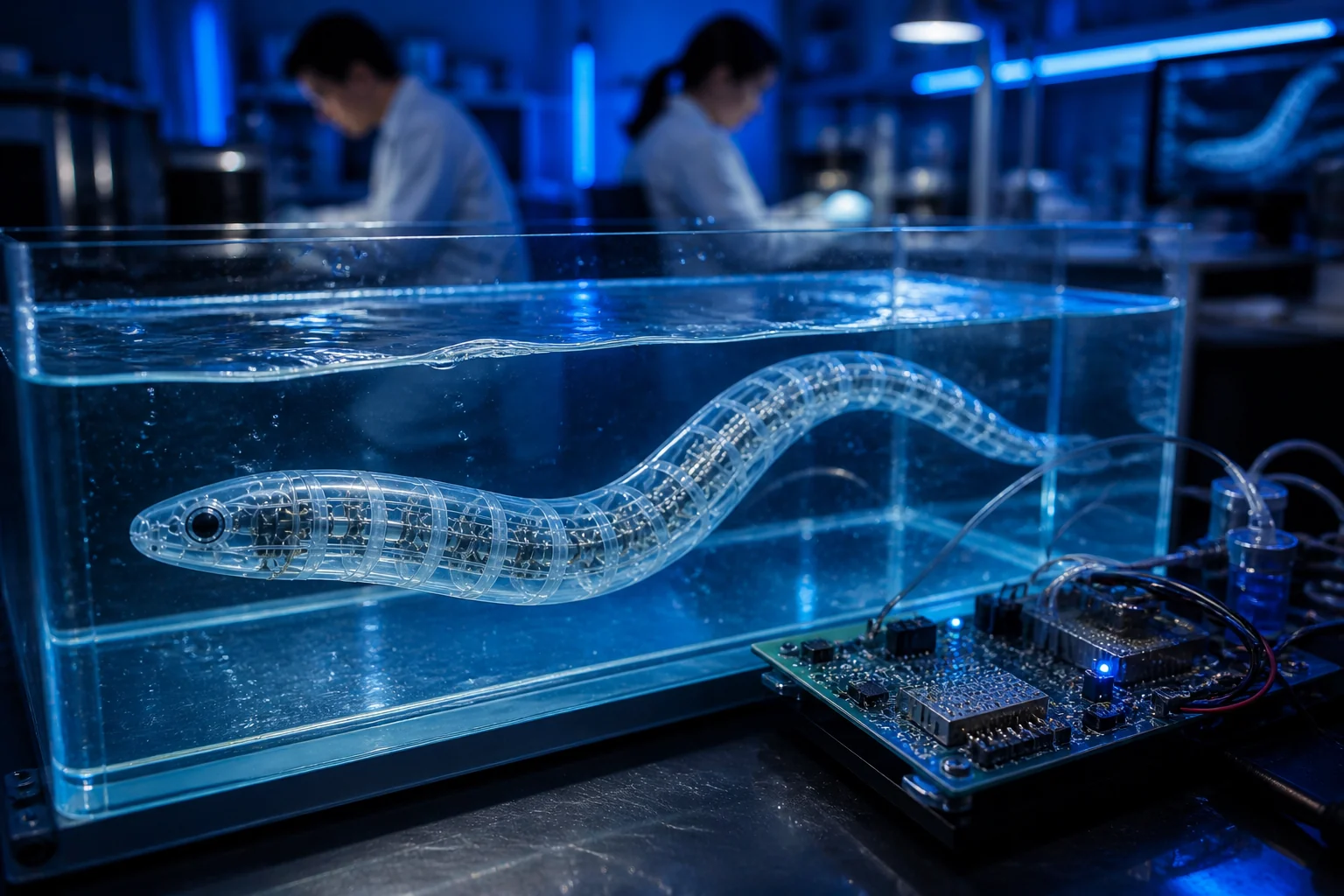 Transparent eel-like soft robot prototype in a marine robotics lab tank