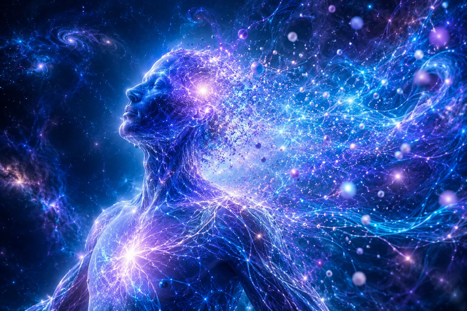 Human consciousness dissolving into glowing blue and violet quantum energy waves