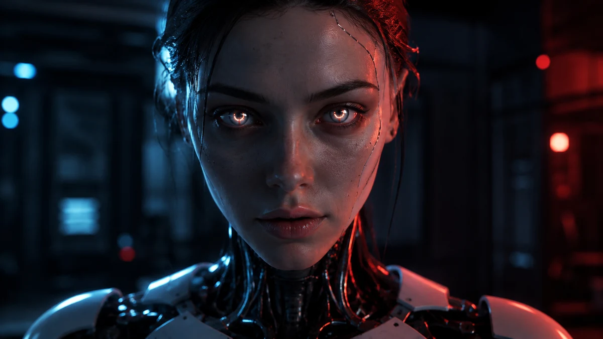Creepy AI robots article with realistic humanoid robot in shadows