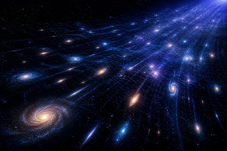 Distant galaxies moving apart across a glowing flexible spacetime grid