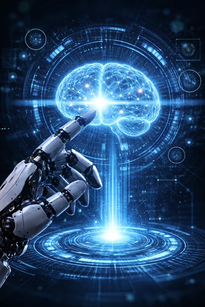 AI decision making hologram and robotic hand
