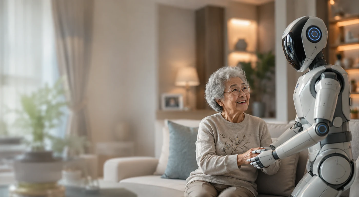 Friendly elder care robot helping an elderly woman in a warm home