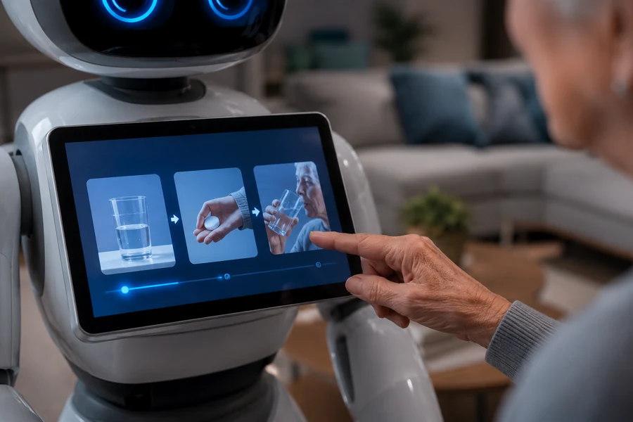 Robot tablet interface showing a step-by-step reminder for an older adult