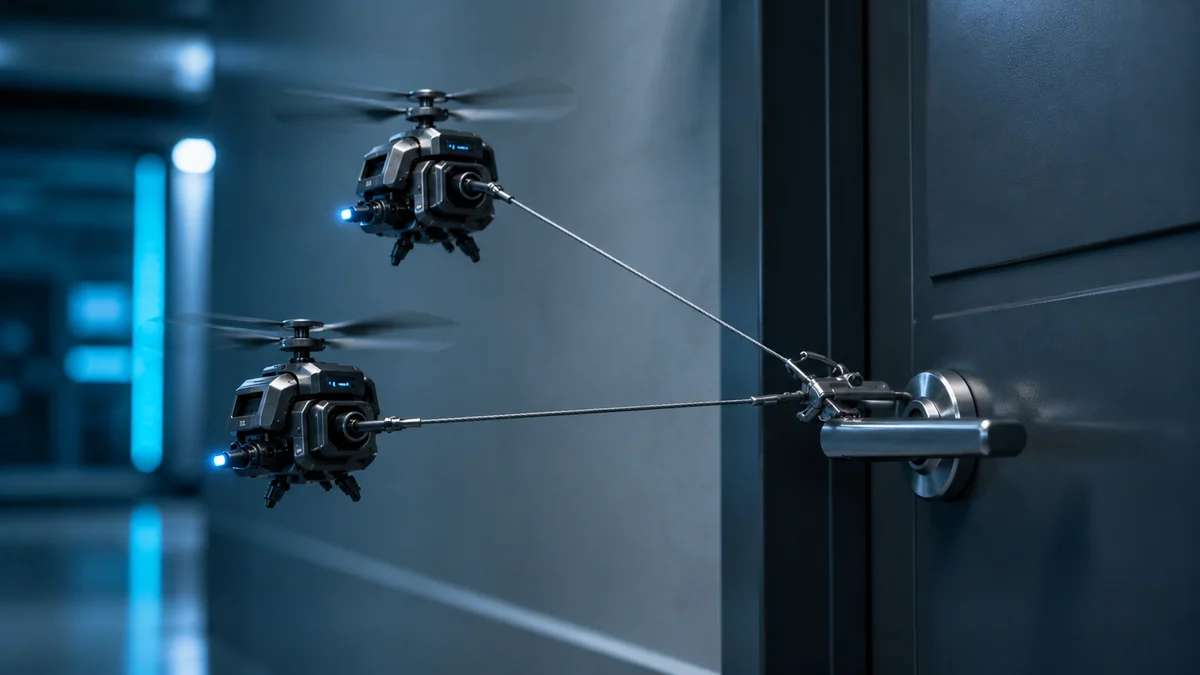 Two FlyCroTug robots lassoing a door handle with thin cables