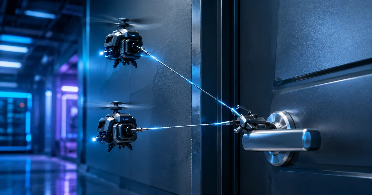 FlyCroTug flying robots pulling open a modern door handle with cables