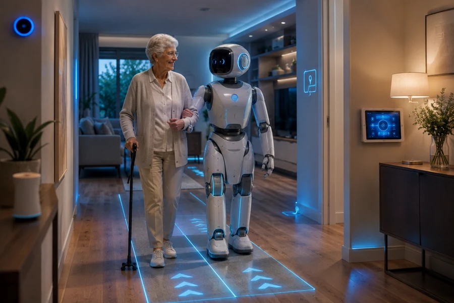 Future assistive robot helping an elderly person safely navigate a smart home