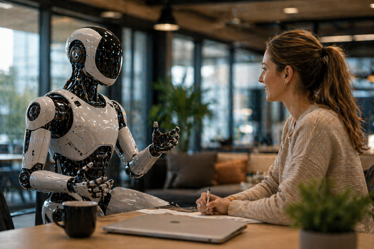 Photorealistic humanoid robot interacting naturally with a person in a modern workspace