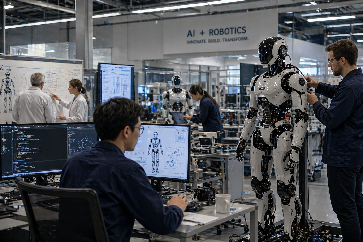 Photorealistic AI robotics lab scene showing engineers and advanced humanoid systems working together
