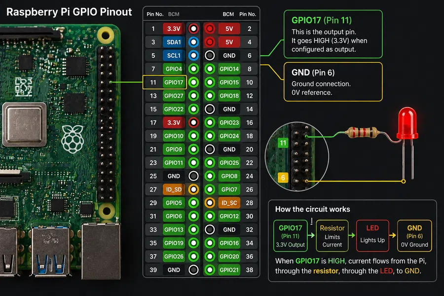 Raspberry Pi GPIO pinout for GPIO17 and ground