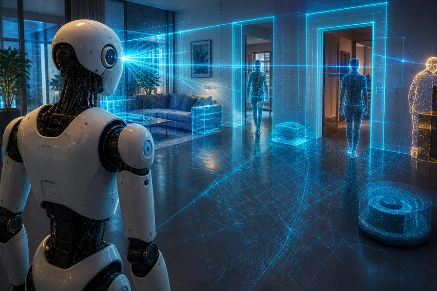 AI robot navigation model visualizing human-like movement through a complex space