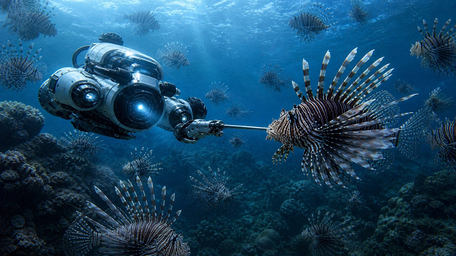Underwater robot confronting invasive lionfish
