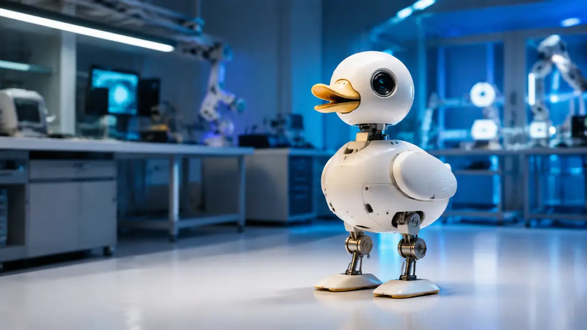 Microduck compact desktop AI robot in a futuristic blue robotics laboratory