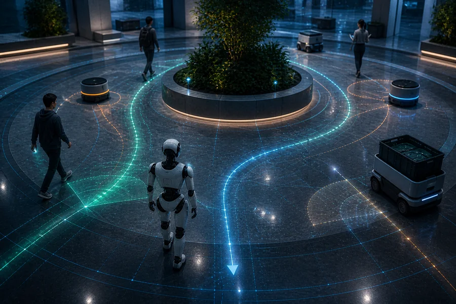 Robot navigating around multiple moving agents in a simulated roundabout environment