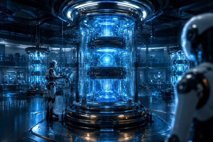 Advanced AI core chamber with glowing processors