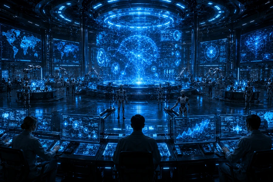 Futuristic AI command center with holographic global monitoring systems