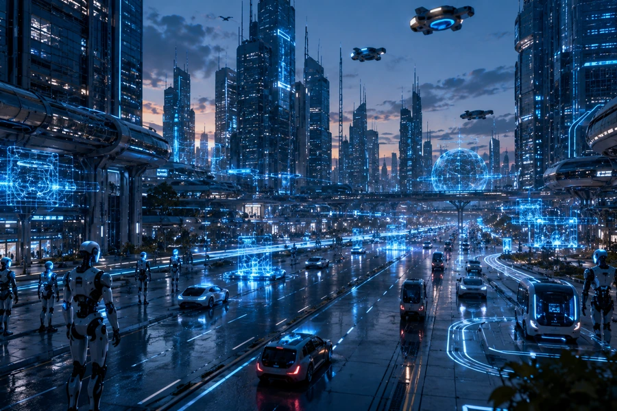 Futuristic smart city with autonomous robots and holographic traffic networks