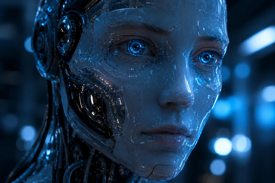 Close up humanoid robot face with glowing neural eyes