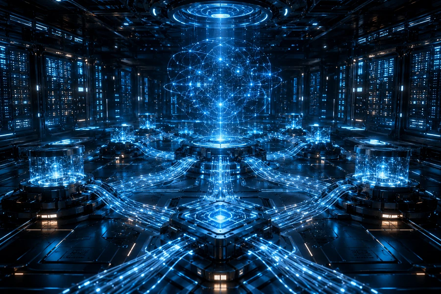 Futuristic quantum computing and AI network datacenter