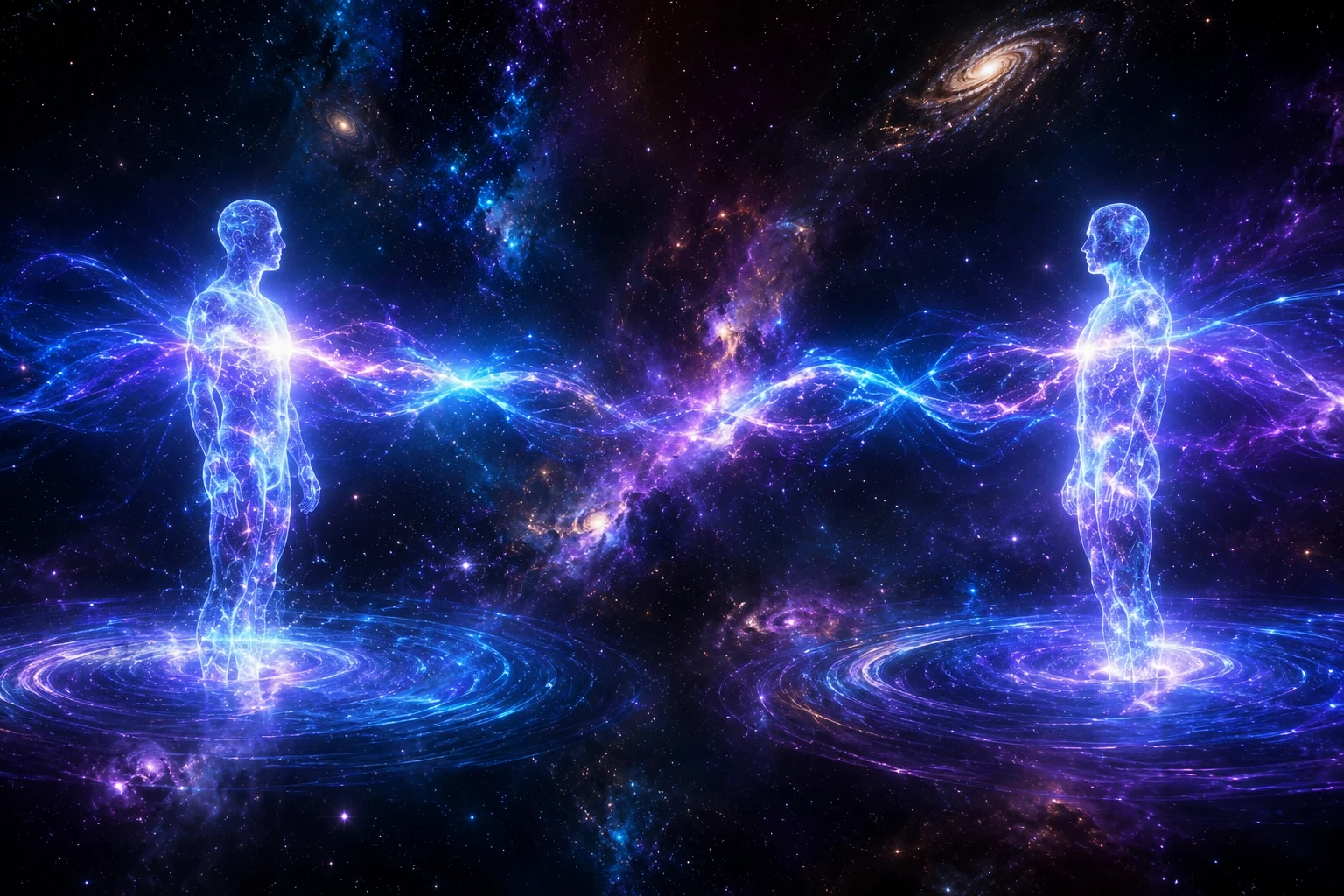 Glowing human silhouettes connected by quantum entanglement energy across deep space