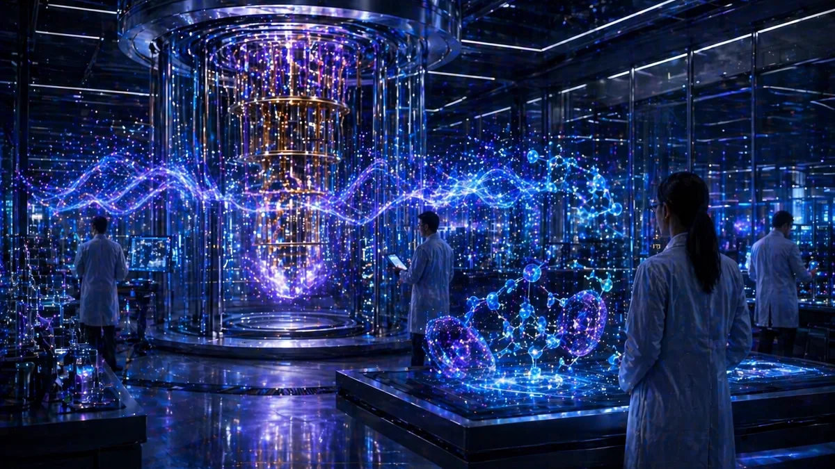 Futuristic quantum laboratory with scientists and holographic simulations