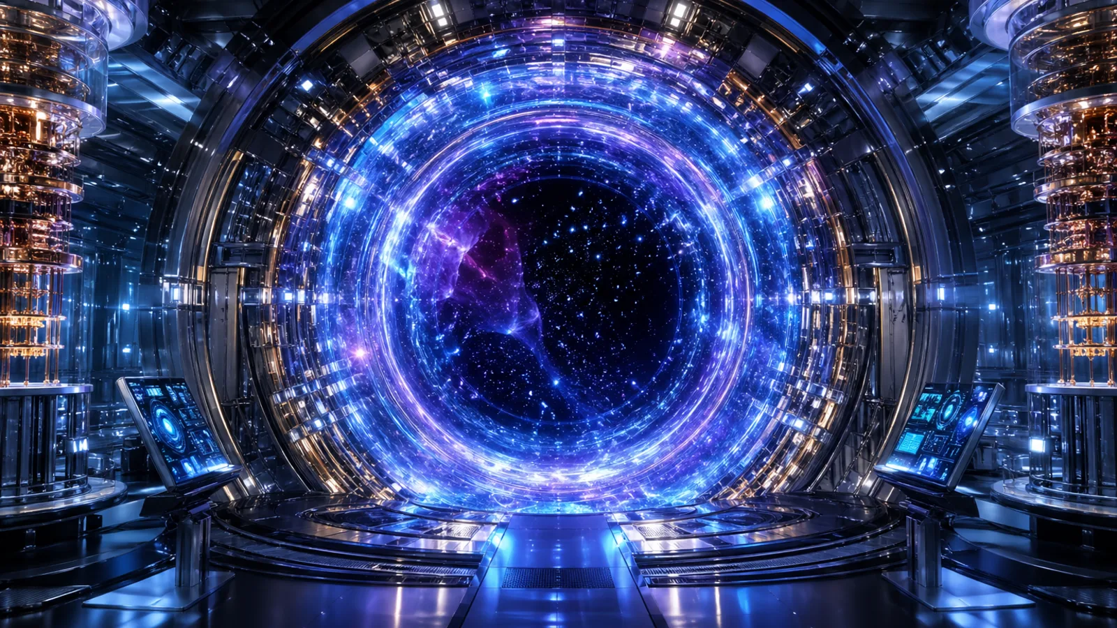 Cinematic quantum computing portal inside a futuristic research lab