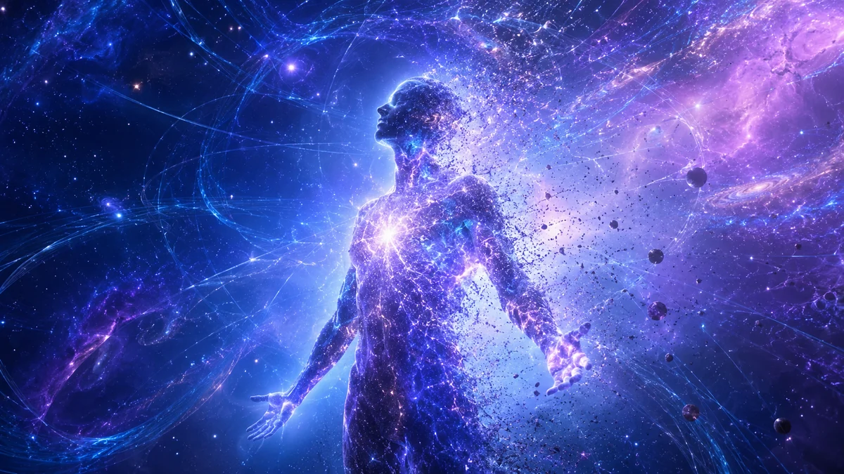 Glowing human silhouette dissolving into quantum particles and neural energy waves