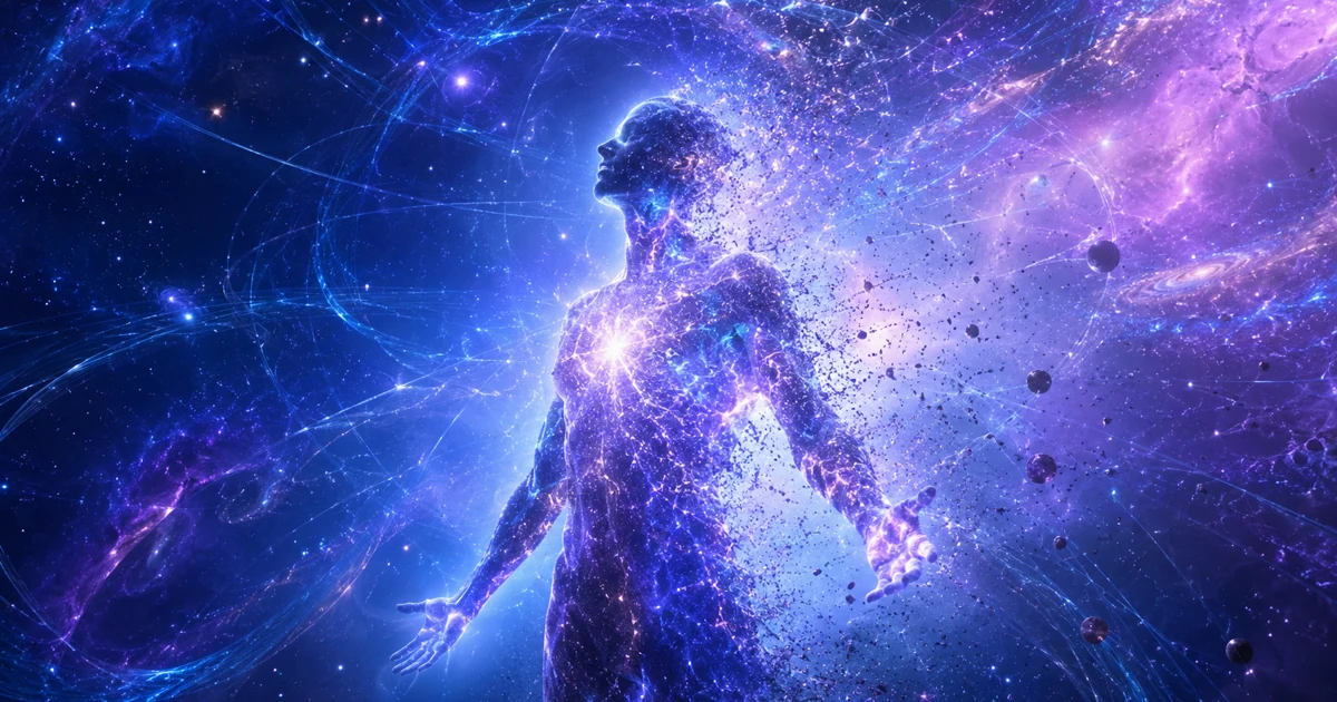 Glowing human consciousness dissolving into quantum spacetime energy