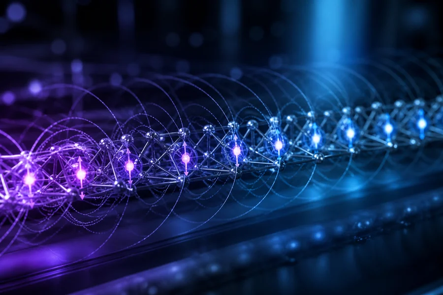 Quantum spin chain visualization showing correlations spreading through connected particles