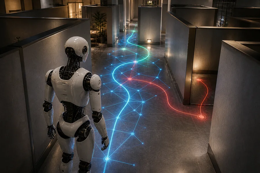 Robot planning a path through narrow corridors with AI navigation overlays