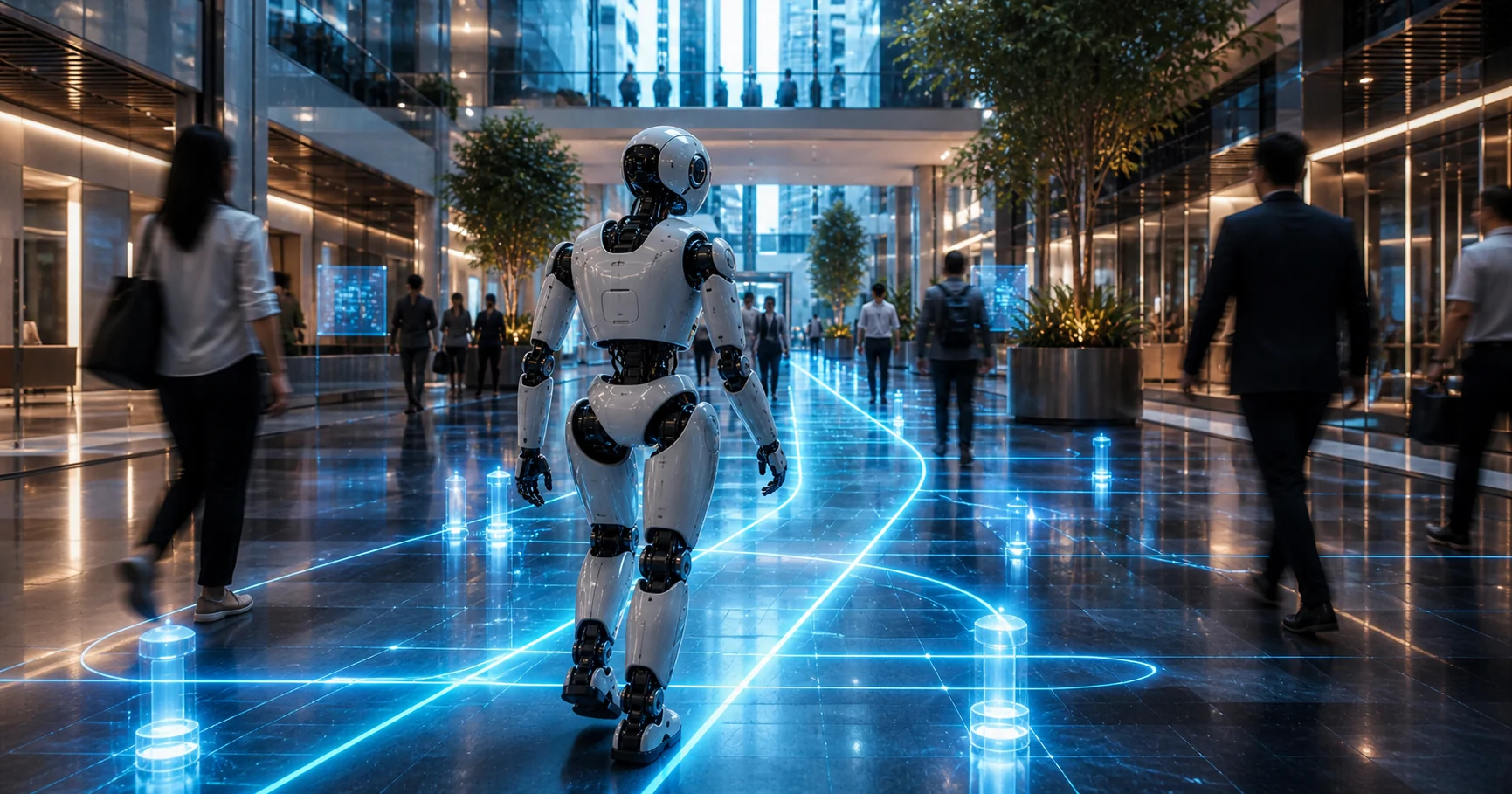 Robot navigating with AI route lines