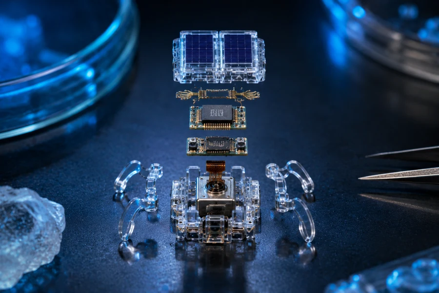 Exploded-view microrobot component layout with solar cells processor memory sensor and actuator body