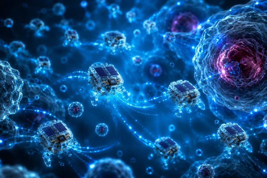 Swarm of microscopic robots moving through a glowing fluid environment near biological cells