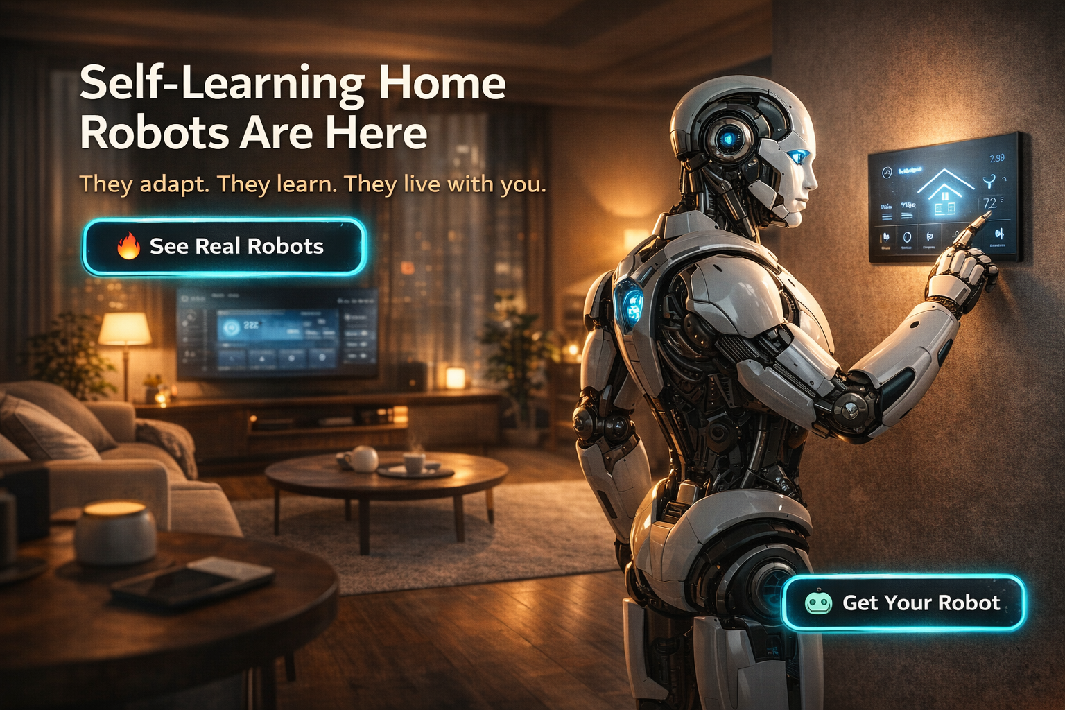 Photoreal self-learning home robot inside a modern smart home