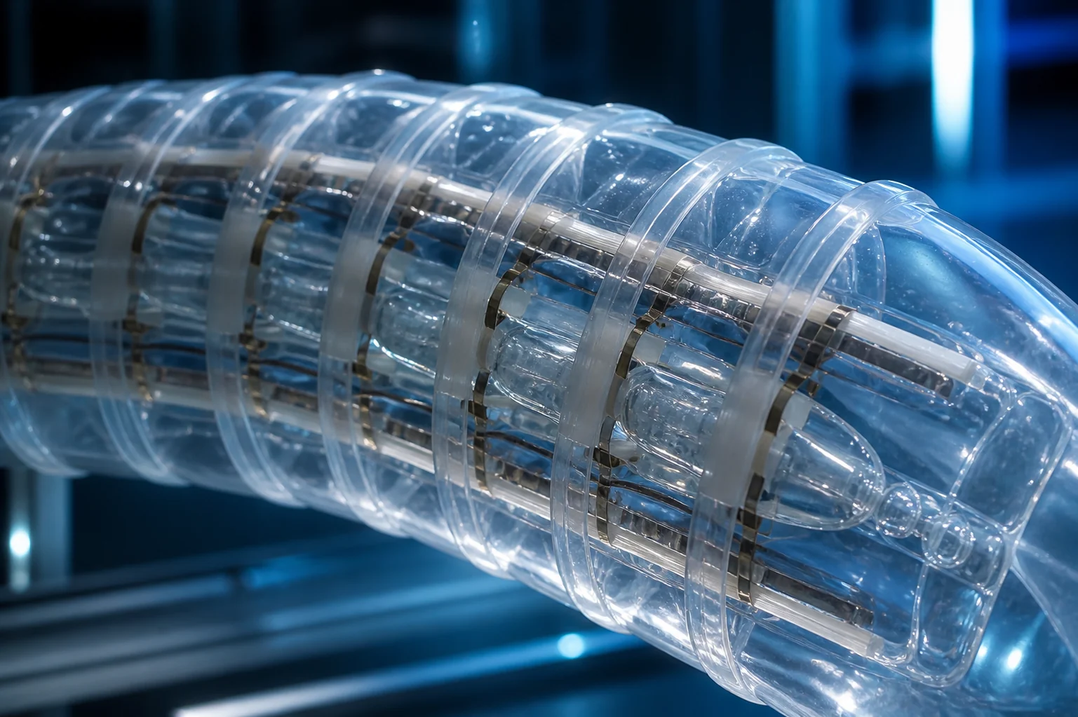 Close-up of transparent soft robotic eel artificial muscle chambers