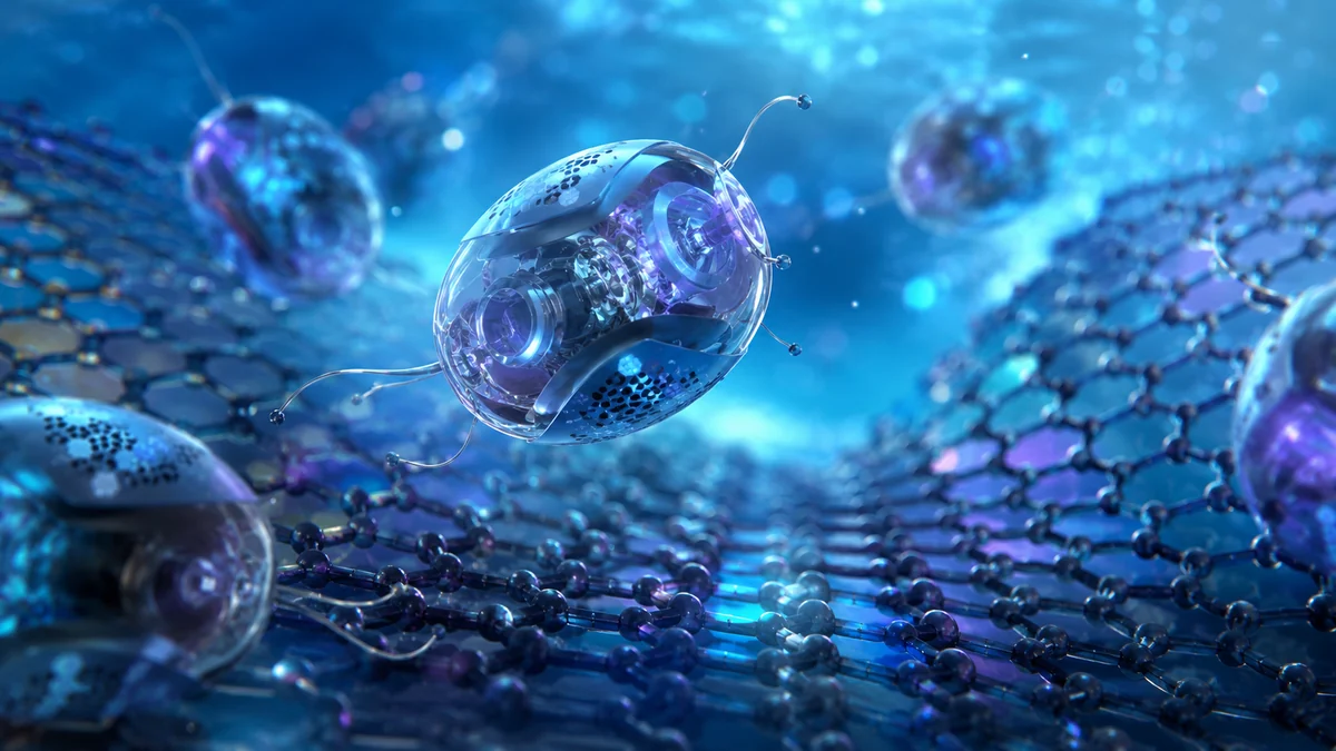 Microscopic synthetic cell robots floating through a glowing nanoscale environment