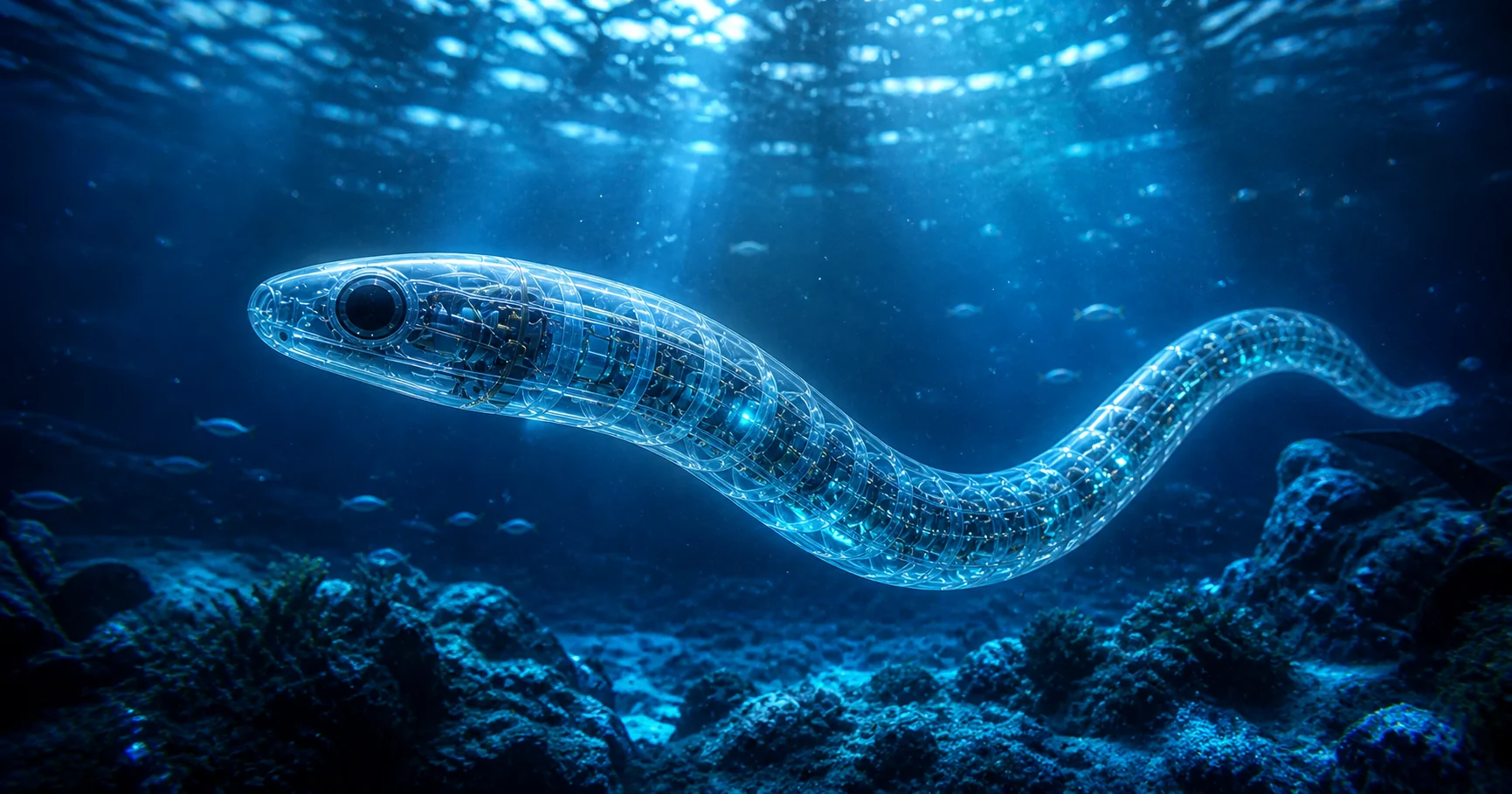 Transparent robotic eel swimming underwater