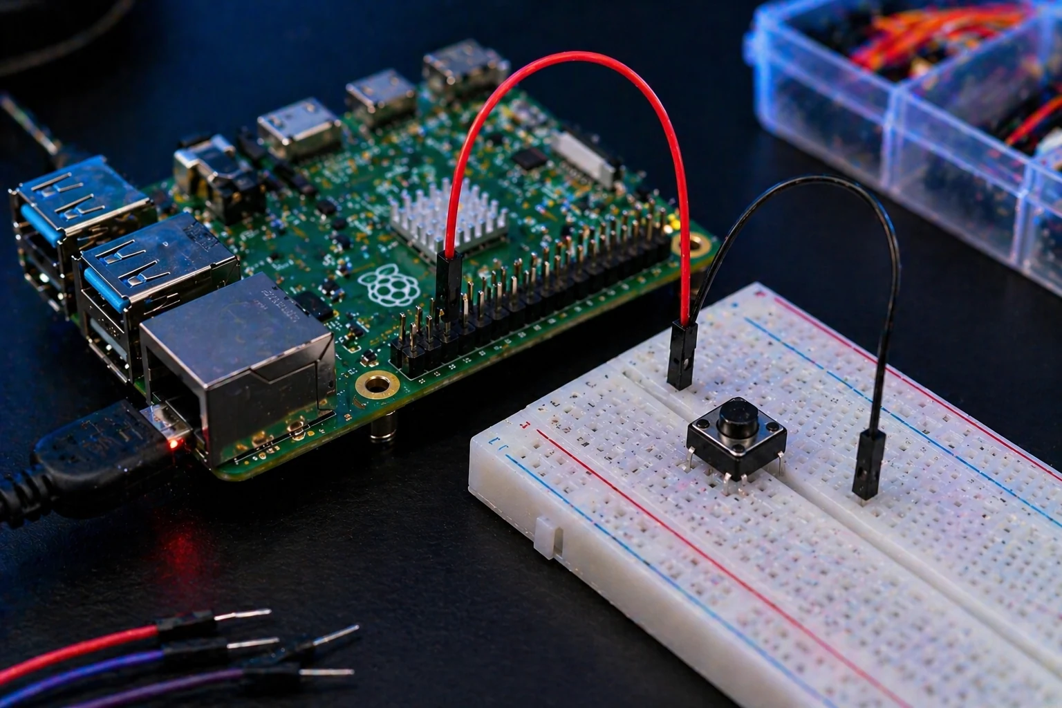 Raspberry Pi push button input wiring on breadboard