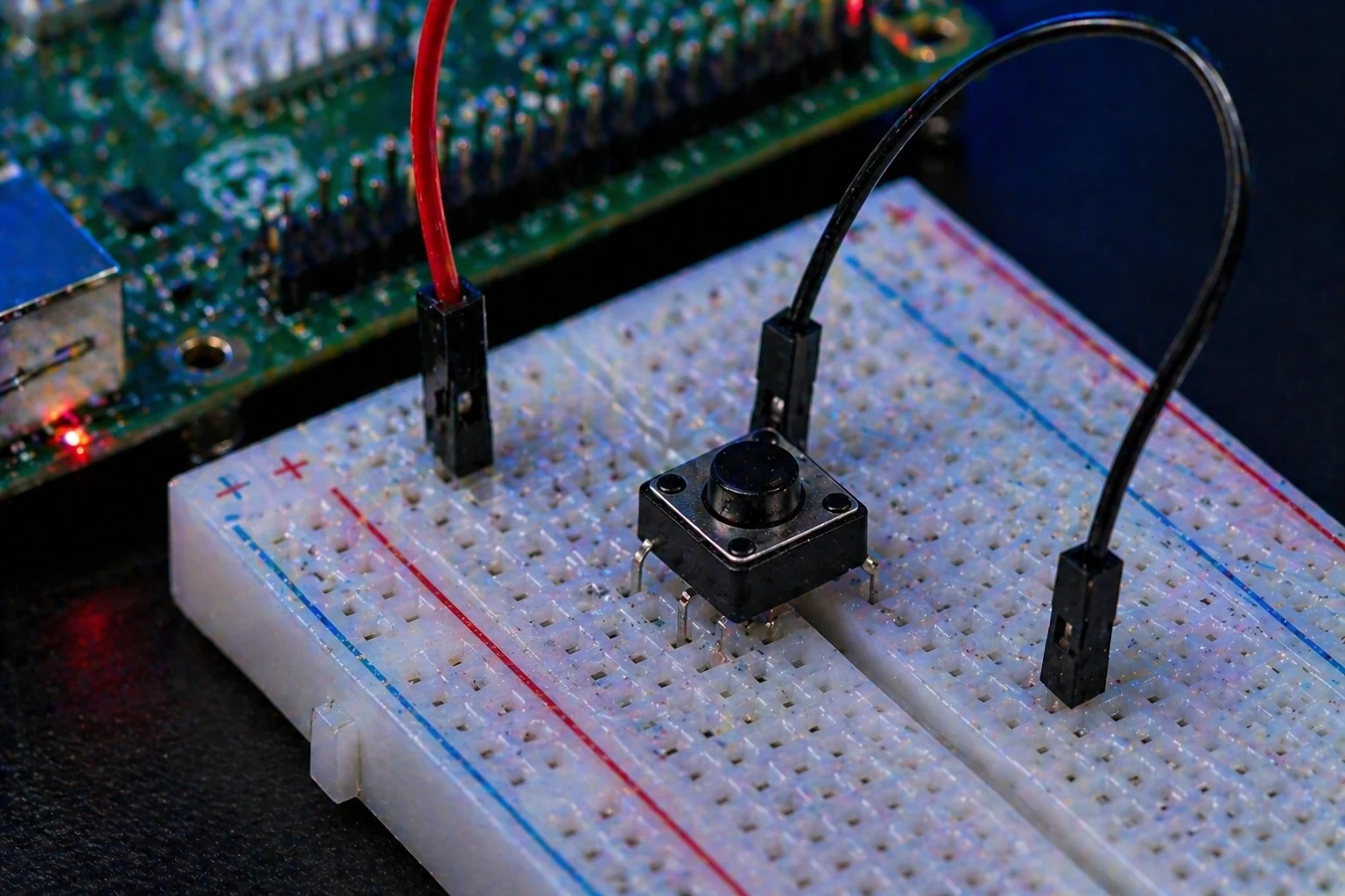 Close-up of push button wiring connected to Raspberry Pi GPIO and ground