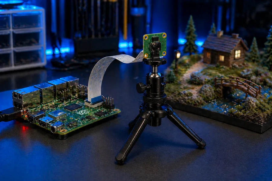 Raspberry Pi camera module mounted on tripod