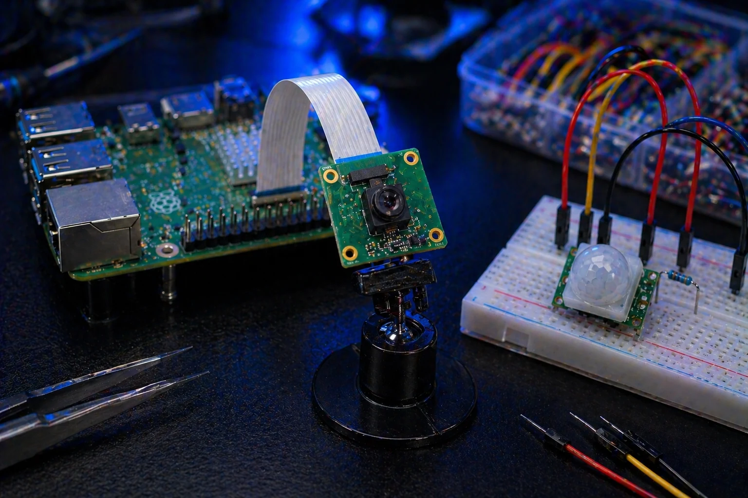 Close-up of Raspberry Pi camera ribbon cable installed correctly