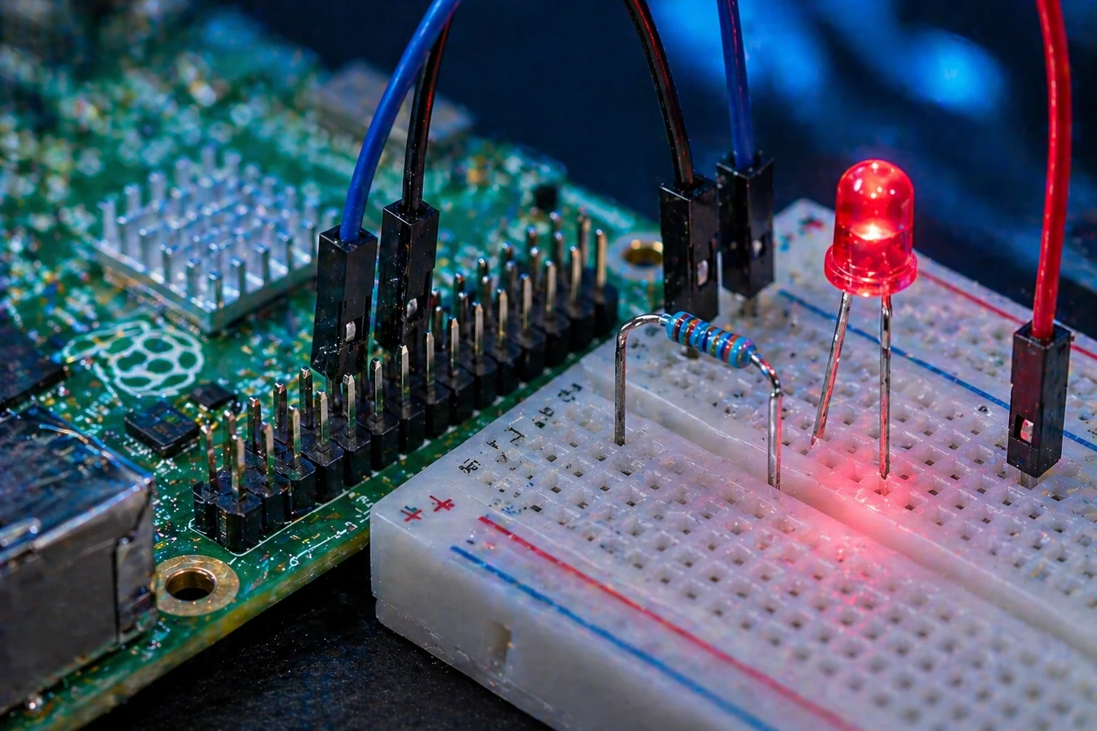 Close-up of LED resistor and GPIO jumper wiring
