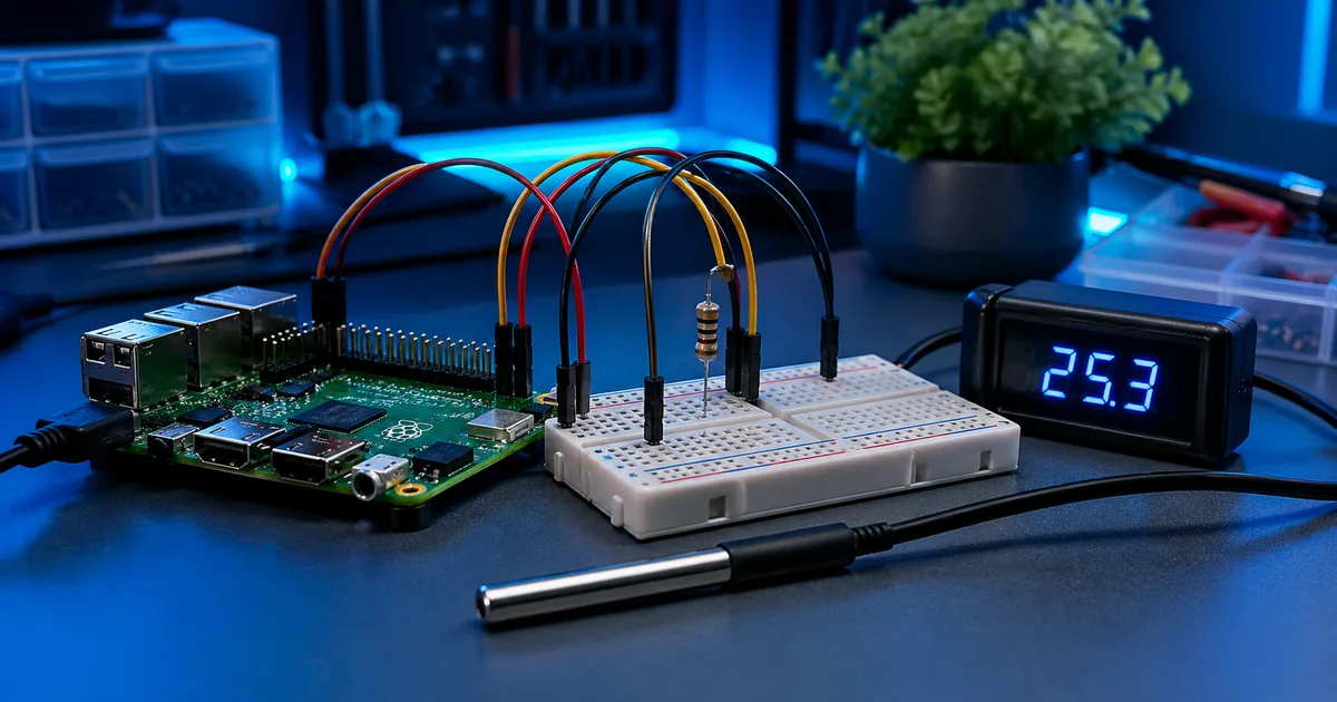 Raspberry Pi temperature sensor monitor with DS18B20 sensor and breadboard wiring