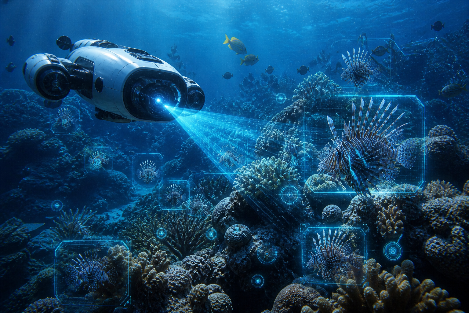 Autonomous underwater AI drone scanning coral reef and detecting invasive lionfish using computer vision technology