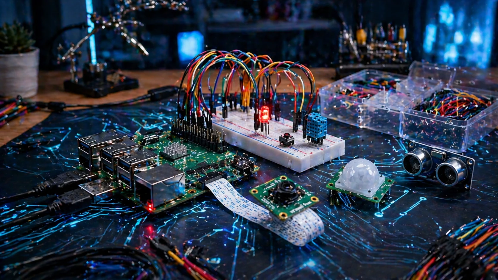 Raspberry Pi beginner electronics tutorials on a workbench