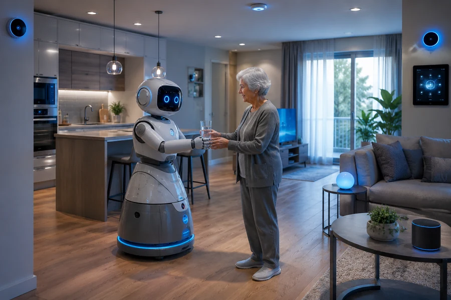 Assistive robot inside a smart apartment helping an older adult with daily tasks